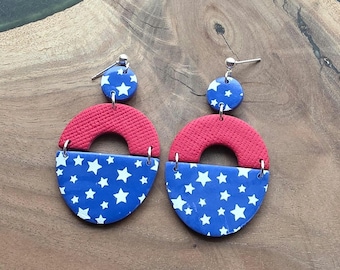 Amerikanische Sterne Clay Ohrringe: Vaterländisch. USA 4. Juli Schmuck, leicht, hypoallergen, handgemacht