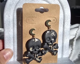 Moon Skeleton Dangle Polymer Clay Earrings, Halloween, Lightweight, Hypoallergenic Jewelry