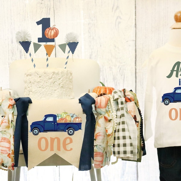 Navy Pumpkin Truck High Chair Banner & T-shirt Boy Pumpkin Highchair banner, 1st Birthday Boy  Fall Blue Pumpkin Truck Fall  Birthday,