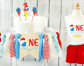 Beach Ball High Chair Banner & Birthday Outfit Beach Party 1st Birthday Pool Party Highchair Banner and Outfit Set First Birthday Baby Boy