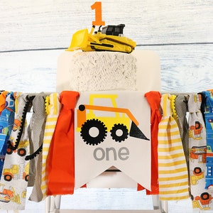 Construction High Chair Banner & Birthday Set, Construction Truck Birthday Set, Construction First Birthday image 1