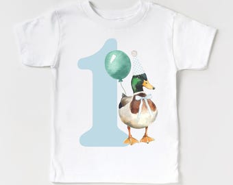 Camiseta de cumpleaños "One Lucky Duck", camiseta azul de cumpleaños para bebé niño "Lucky Duck", body de primer cumpleaños con diseño de pato ánade real.