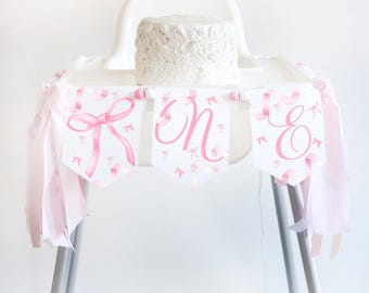 Pink Bow "ONE" High Chair Banner: Coquette 1st Birthday Garland