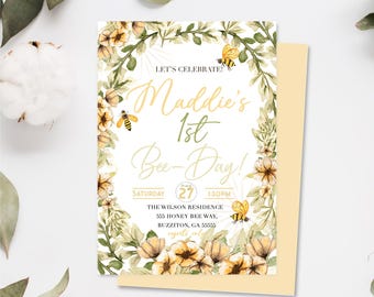 1st Bee-Day Birthday Party Bumble Bee Birthday Invitation,  Bee or Guest Invitation, Download Announcement Modern Bee First Birthday Invite