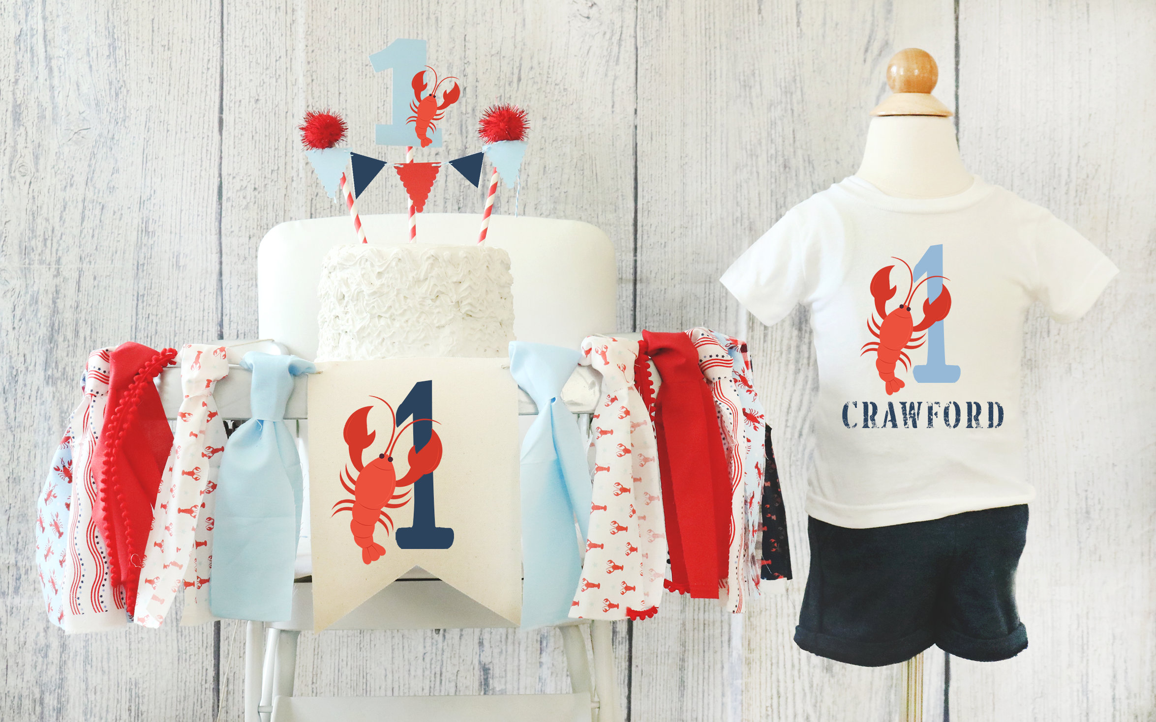 Crawfish Boil Chair Banner & Birthday T-shirt Crawfish Highchair Banner Lobster  1st Birthday Boy Nautical Costal  Highchair Banner