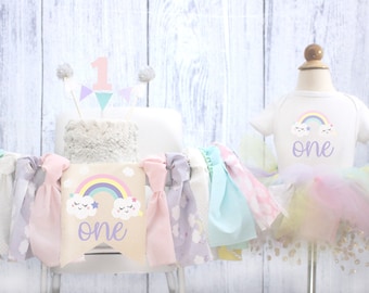 Rainbow Highchair Banner & Tutu Outfit Twinkle  Birthday Decor Rainbow Highchair Banner First Birthday Baby Girl Unicorn Pastel Rainbow