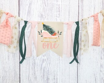 Winter ONEderland High Chair Banner: Pink Sleigh High Chair Banner Oh What Fun it is to Be One First Birthday Decoration Pink Christmas