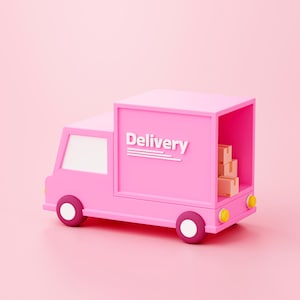 May include: A pink delivery truck with the word "Delivery" on the side. The truck has white windows, red and white wheels, and yellow lights. The back of the truck is open, revealing several small brown boxes. The background is a solid pink color.