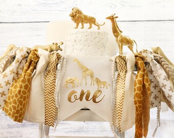 Banner de Safari en la Jungla para Silla Alta: Decoración de Animales Dorados, Primer Cumpleaños