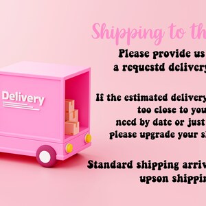 May include: A pink delivery truck with the word "Delivery" on the side. The truck bed contains several small brown boxes. The background is a solid pink color.