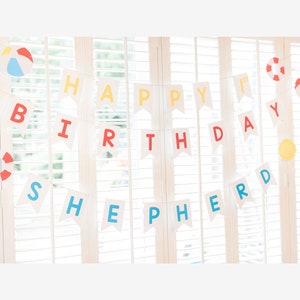 Strandball-Primär-Happy-Birthday-Banner-Girlande, Pool-Party-Geburtstagsgirlande, personalisierbare Strandball-Geburtstagsparty „One in the Sun“.
