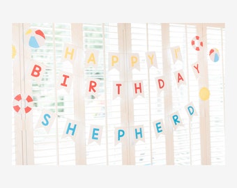 Beach Ball Primary Happy Birthday Banner Garland Pool Party Birthday Garland  Custom Personalized  Beach Ball Birthday One in the Sun Party