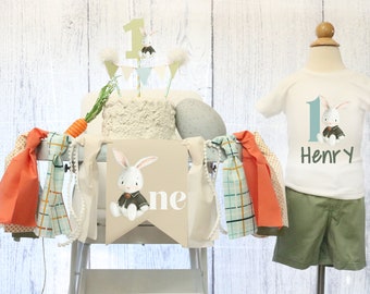 Some Bunny is One High Chair Banner & T-shirt Some Bunny Highchair banner, 1st Birthday Baby Boy Easter Highchair Banner Spring Bunny Decor