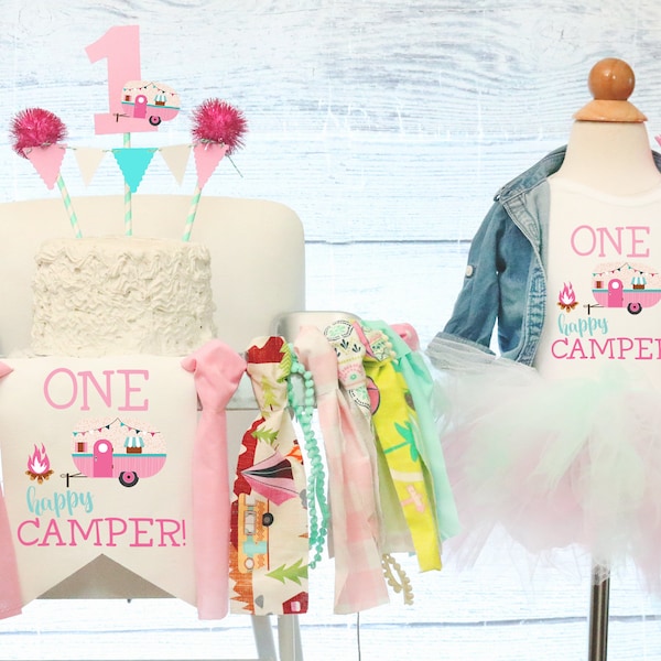 One Happy Camper  Highchair  Banner & Tutu Girl Happy Camper Highchair Banner 1st Birthday Girl Pink Happy Camper Birthday Banner Outfit