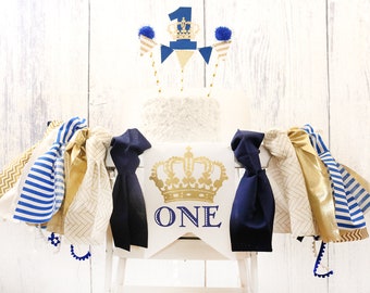Royal Prince High Chair Banner & Outfit Prince Highchair banner, 1st Birthday Boy Baby Blue and Gold Party Decor Prince Cake Topper