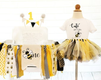 Bumble Bee First Birthday Outfit: Tutu, Bodysuit & Highchair Banner Set