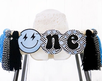Blue Happy Dude High Chair Banner One Happy Dude Smile Highchair Banner First Birthday One Blue Smile Highchair Banner Happy Face