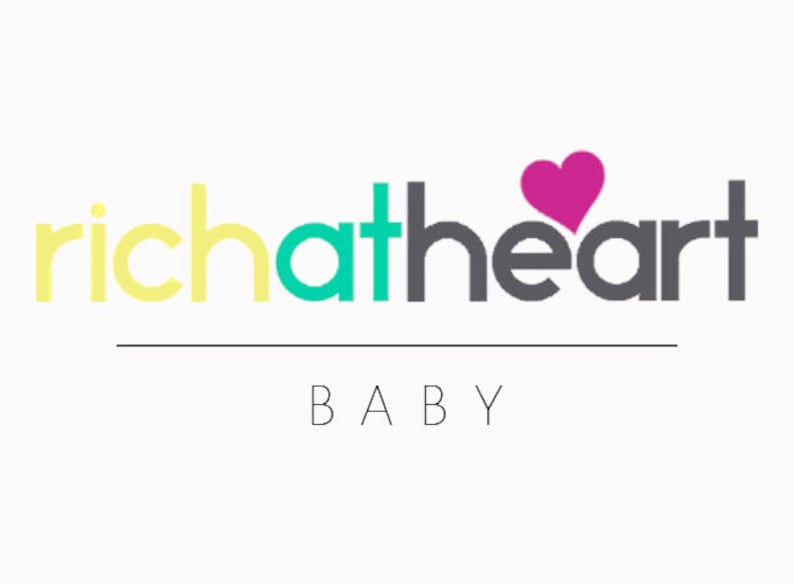 May include: A logo featuring the text richatheart in a sans-serif font with a pink heart icon above the letter a. The word rich is yellow, at is teal, and heart is dark gray. Below a horizontal line, the word BABY is written in thin black letters.