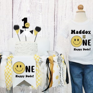 One Happy Dude High Chair Banner & Birthday T-shirt One Cool Dude  Highchair Banner Groovy One 1st Birthday Boy Happy Face Highchair Banner