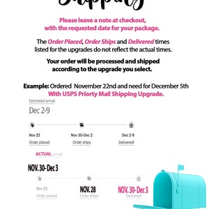 May include: An informational graphic titled Shipping with black and pink text explaining order processing and delivery timelines. It features a timeline diagram with icons for order placed, order ships, and delivered, plus a bright cyan mailbox.