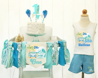 The Big One High Chair Banner & Birthday Outfit Beach Party 1st Birthday Summer Party Highchair Banner Big One Wave First Birthday Surf Boy