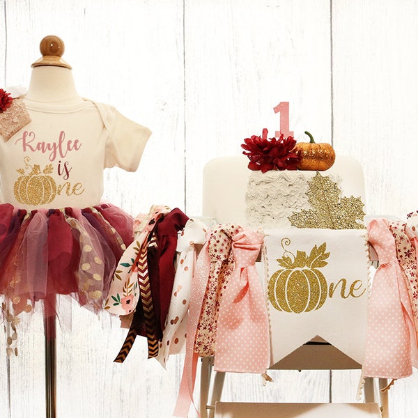 Pumpkin High Chair Banner and Tutu Birthday Outfit Burgundy & Blush Pumpkin Highchair Banner, Pumpkin Burgundy and Pink Pumpkin 1st Birthday