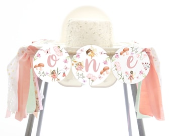 New!  Fairy 1st Birthday High Chair Banner  Fairy 1st Birthday Highchair Banner First Birthday Baby Girl Highchair Banner Wild Flower Decor