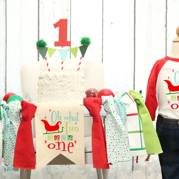 Oh What Fun it Is to Be One  High Chair Banner & T-shirt Christmas Highchair banner, 1st Birthday Christmas Birthday,Oh What Fun Party Decor