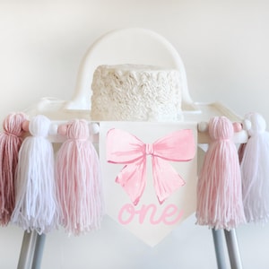 Pink Bow High Chair Banner First Birthday Yarn Tassel Pink Ribbon Elegant Coquette Girl 1st Birthday Party Highchair Bow Highchair Banner