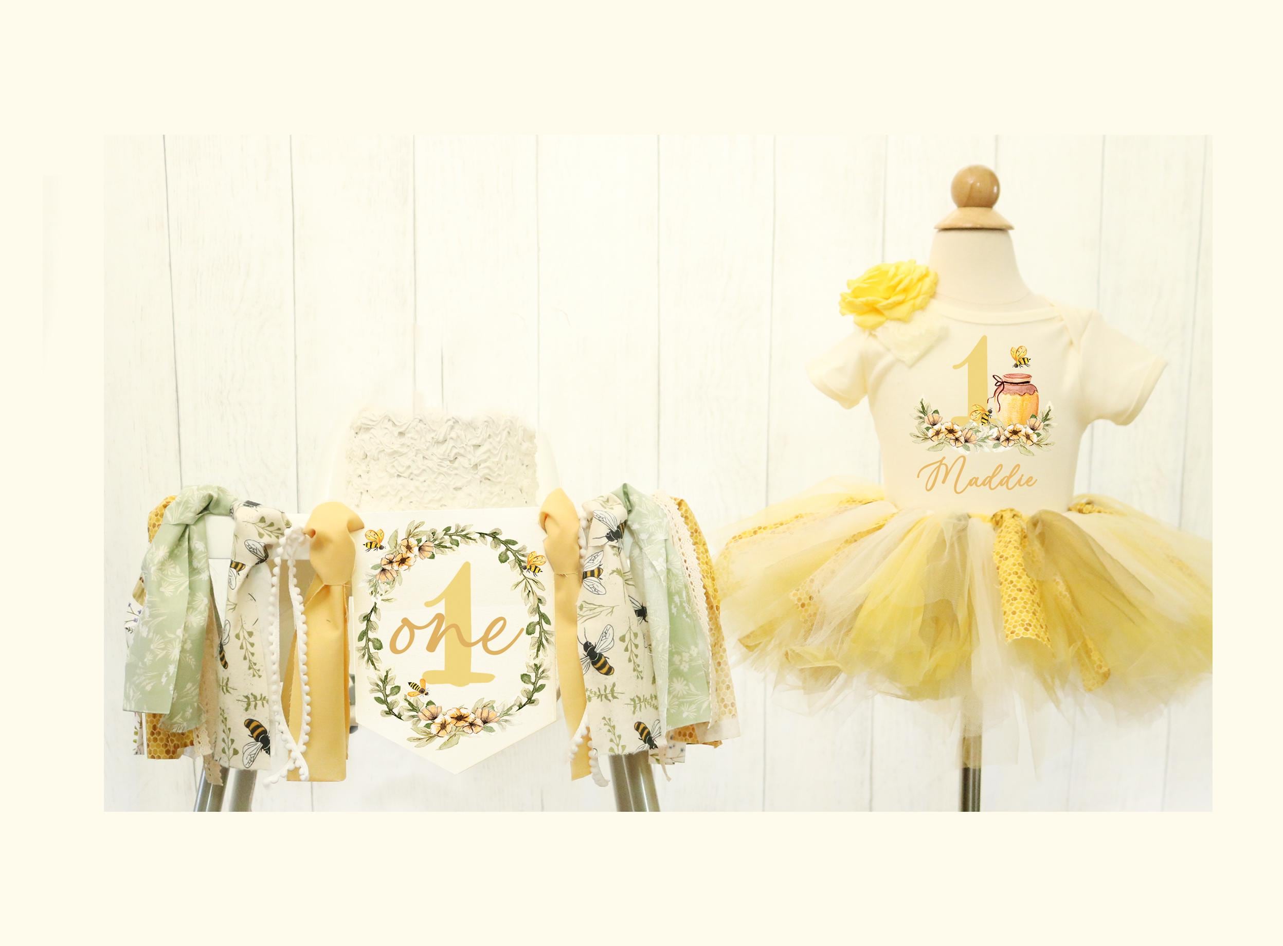 Bee-Day  1st Birthday High Chair Banner & Tutu Outfit Bumble Bee One Highchair Banner, Sweet as Can Bee First Birthday Banner
