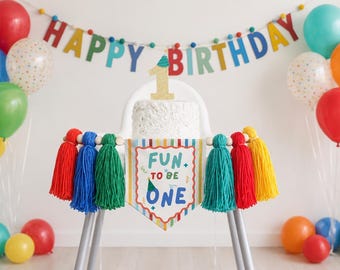 Fun to Be  One Happy Colorful  High Chair Banner, Fun to Be One 1st Birthday,  Primary  Highchair Banner One 1st Birthday Yarn Tassel