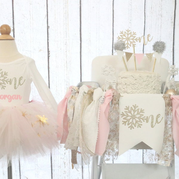 Winter Onederland  High Chair Banner  Tutu Outfit Winter ONEderland Highchair Banner First Birthday Pink Gold Silver Champagne Snowflake