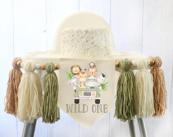 Banner de silla alta de safari en la jungla: decoración para fiesta de cumpleaños de Wild One