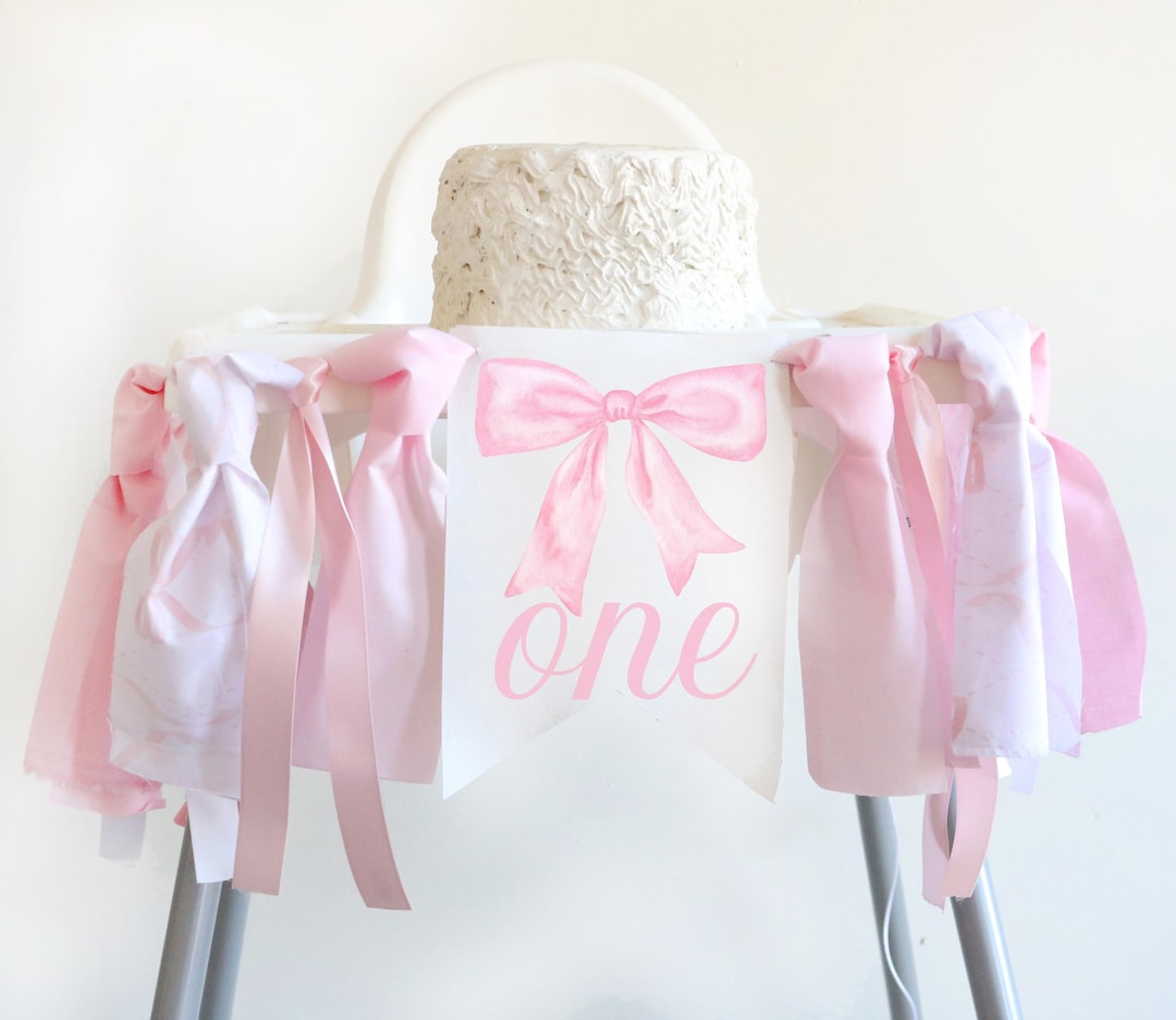 Pink Bow Birthday High Chair Banner Soft Pastel Pink Ribbon Elegant ...