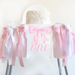 Pink Bow High Chair Banner Soft Pastel Pink Ribbon Elegant Coquette Girl 1st Birthday Party Pink Bow Highchair Pink Bow High Chair Banner