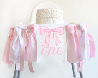 Pink Bow High Chair Banner Soft Pastel Pink Ribbon Elegant Coquette Girl 1st Birthday Party Pink Bow Highchair Pink Bow High Chair Banner