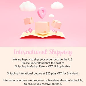 May include: A 3D rendering of a pink map with pink location markers, white clouds, and floating cardboard boxes. The words "International Shipping" are written in a cursive font.