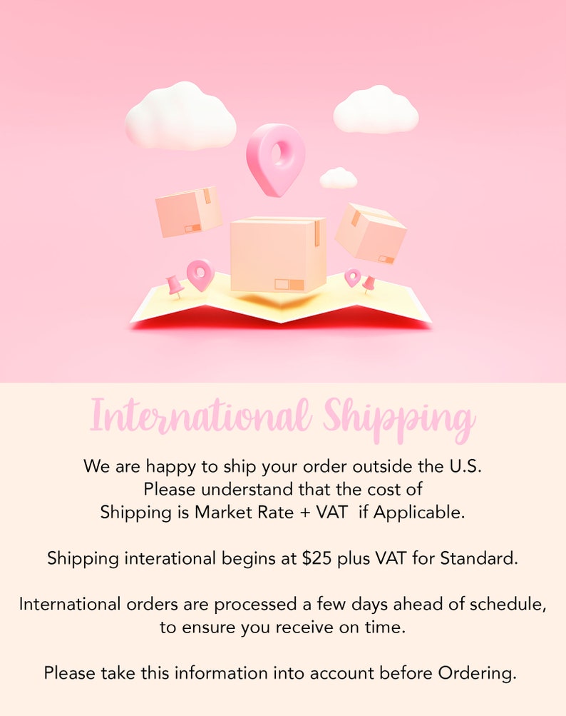 May include: A 3D rendering of a pink map with pink location markers, white clouds, and floating cardboard boxes. The words "International Shipping" are written in a cursive font.