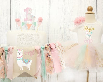 Pink Llama High Chair Banner & Tutu Birthday Girl Llama 1st Birthday Girl Highchair Banner  and pink Llama Birthday Banner Tutu