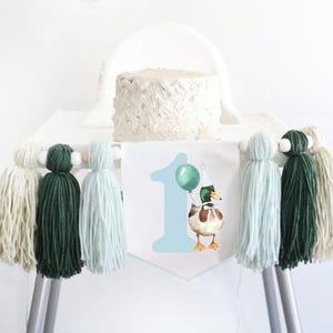 Lucky Duck High Chair Banner One Lucky Duck 1st Birthday highchair Banner Mallard Duck First Birthday Party Preppy Blue Duck Yarn Tassel