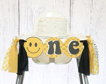 Happy Dude High Chair Banner One Happy Dude  Paper Smile  Highchair Banner First Birthday One Groovy Baby Highchair Banner Happy Face Decor