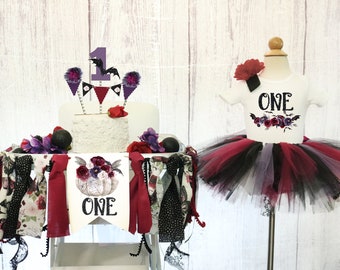 Boho Halloween First Birthday Outfit: Floral Highchair Banner & Tutu