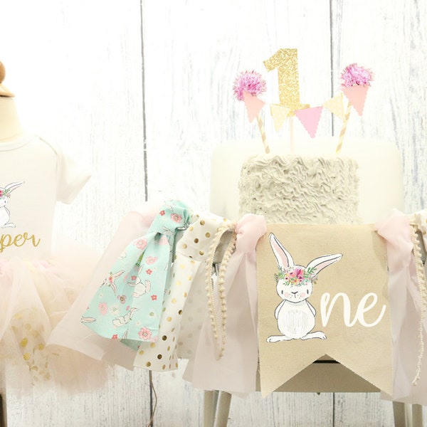 Some Bunny is One Highchair Banner Tutu Outfit Easter Bunny Birthday Some Bunny Highchair Banner First Birthday Baby Girl Pink Gold Spring