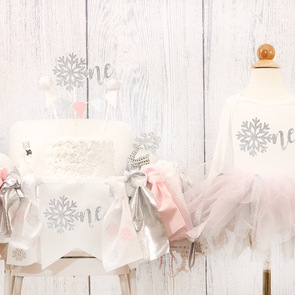 Onedeland High Chair Banner and Tutu Birthday Outfit Pink and Silver Snowflake Highchair Banner, Onderland 1st  Birthday Outfit Snowflake