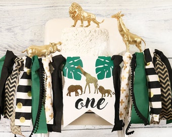 Jungle Safari High Chair Banner Black and Gold Birthday Decoration  Safari Highchair Banner First Birthday Baby Boy Lion Party Wild One