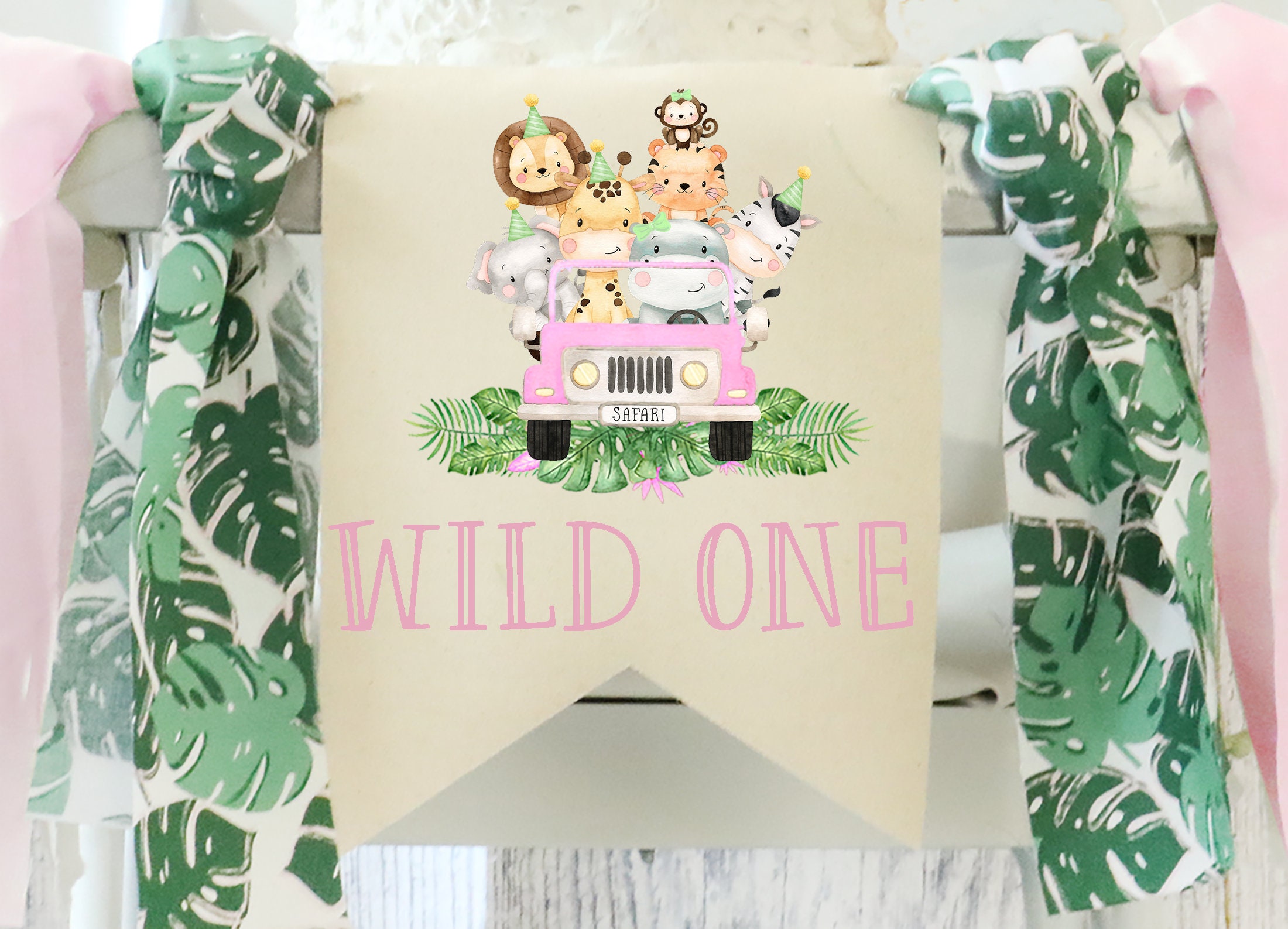 Safari Pink Jeep High Chair Banner Baby Safari Birthday Etsy