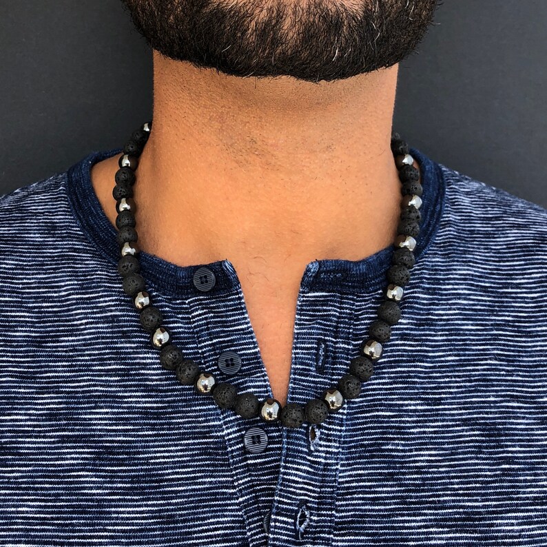Hematite Necklace Mens Beaded Necklace for Him Black Lava Etsy
