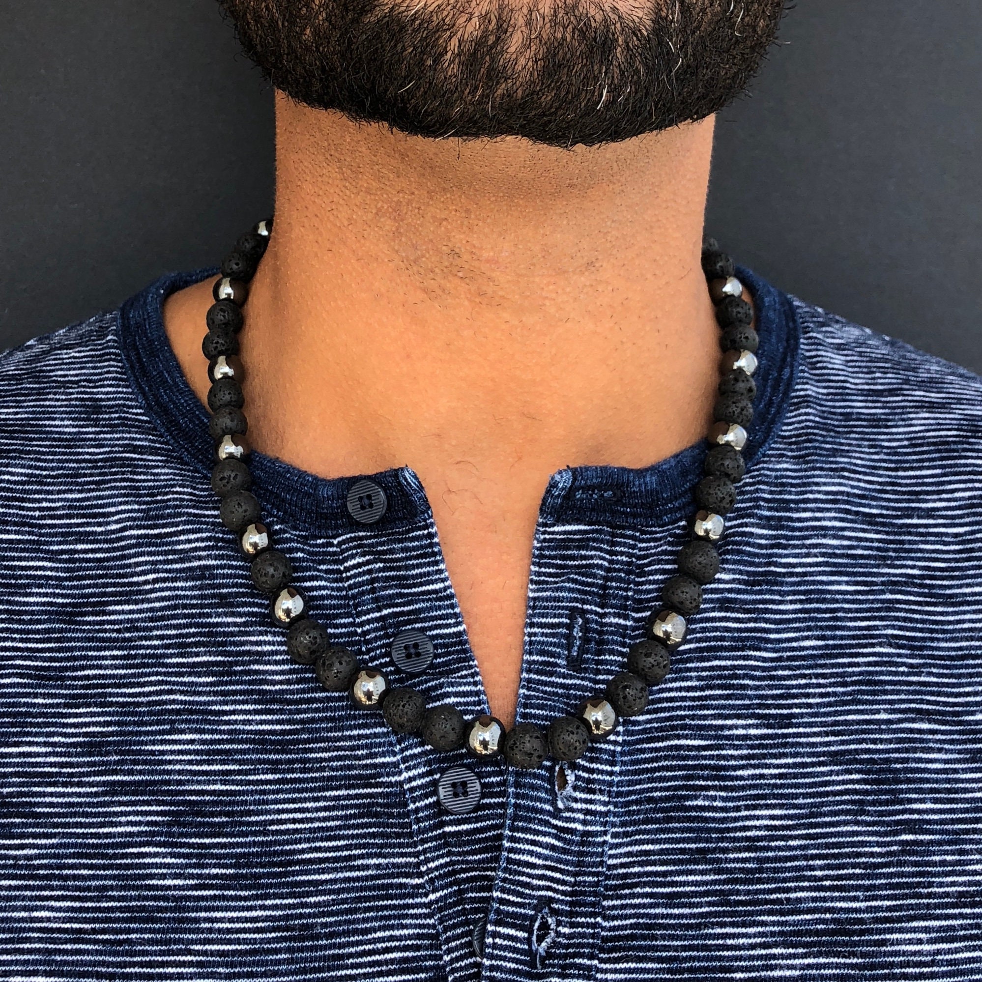 Hematite Necklace Mens Beaded Necklace for Him Black Lava Etsy