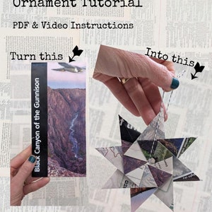 Könnte beinhalten: Eine Anleitung, wie man eine Broschüre der Nationalparks in einen sternförmigen Anhänger verwandelt. Die Broschüre ist für den Black Canyon of the Gunnison National Park. Der fertige Anhänger hängt an einer Schnur.