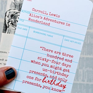 Alice in Wonderland Library Card Birthday Card, Unbirthday, Half-birthday, Book Lover Gift for Reader Bookworm Lewis Carroll Literary Quotes